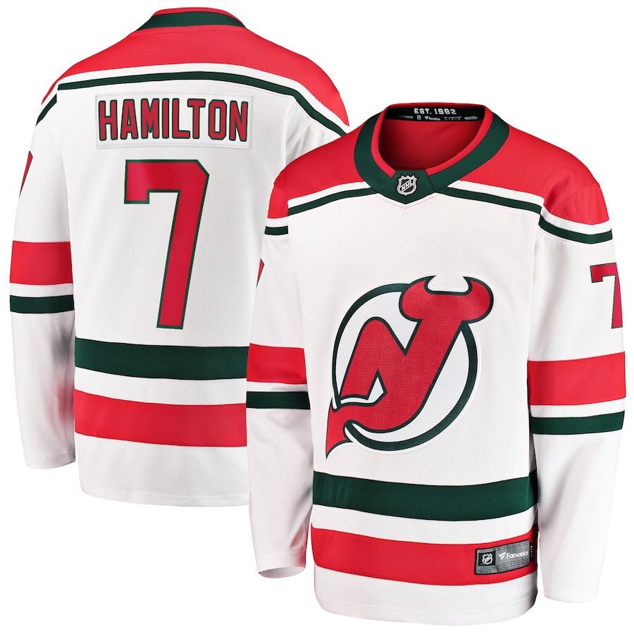 Men New Jersey Devils 7 Dougie Hamilton Fanatics Branded White 2022-23 Heritage Premier Breakaway NHL Jersey